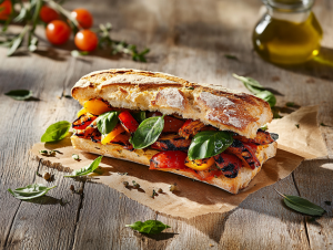 Mediterranes Ciabatta-Sandwich mit gegrilltem Gemüse und Feta (glutenfrei)