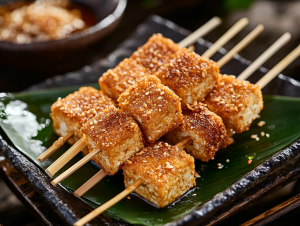 Mais-Panierte Tofu-Sticks mit Erdnuss-Kokos-Dip