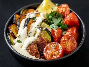 Orientalische Falafel-Bowl mit Ofengemüse und Tahini-Zitronen-Dressing