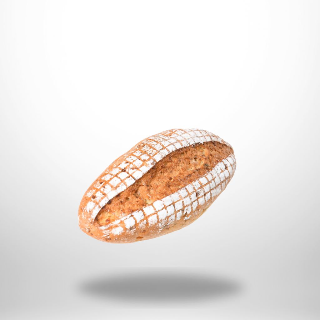 Glutenfreies Bärlauch-Feta Rustico: ovales Brot mit rustikaler Kruste, grünen Bärlauchflecken & Feta-Würfeln, 420 g.