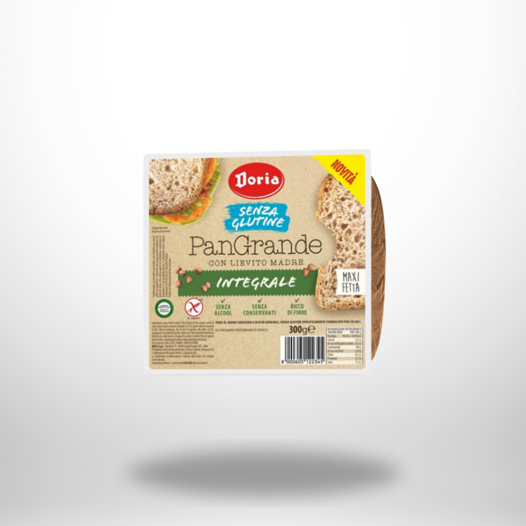 Packung Doria PanGrande Integrale glutenfreies Vollkornbrot (300 g) mit Buchweizen und Sonnenblumenöl, Sauerteig.
